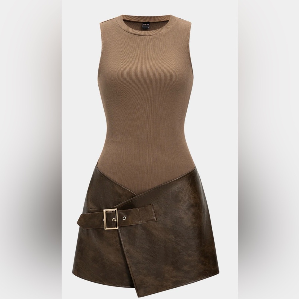 Chic Brown Ribbed Top and Leather Skirt